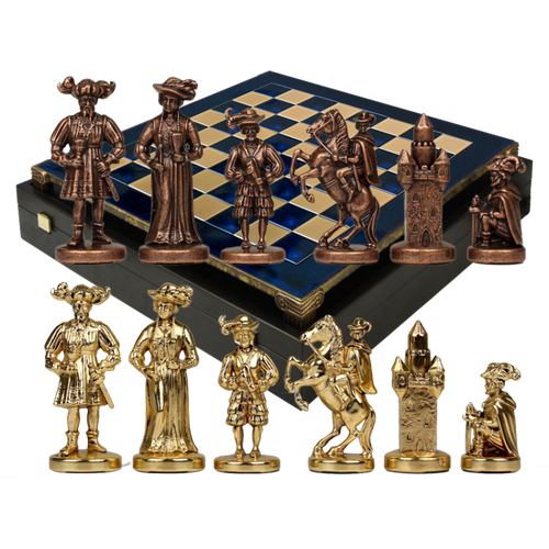 Шахматный набор "Рыцари Средневековья" (син. мет. доска 44х44 см, дер. короб, фигуры золото/бронза) (Manopulos MP-S-12-C-44-BLU)