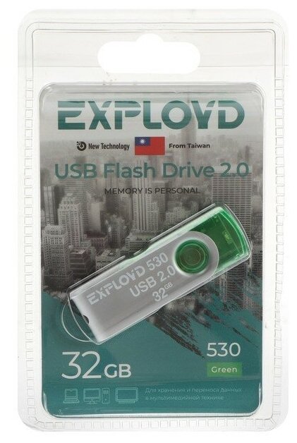 Флешка Exployd 530 32 Гб USB2.0 чт до 15 Мб/с зап до 8 Мб/с зелёная