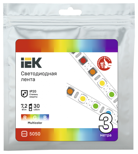 Лента светодиод LSR-5050 7,2Вт 30Led RGB 12В мультиколор IP20 3м IEK (1/20) - фотография № 1