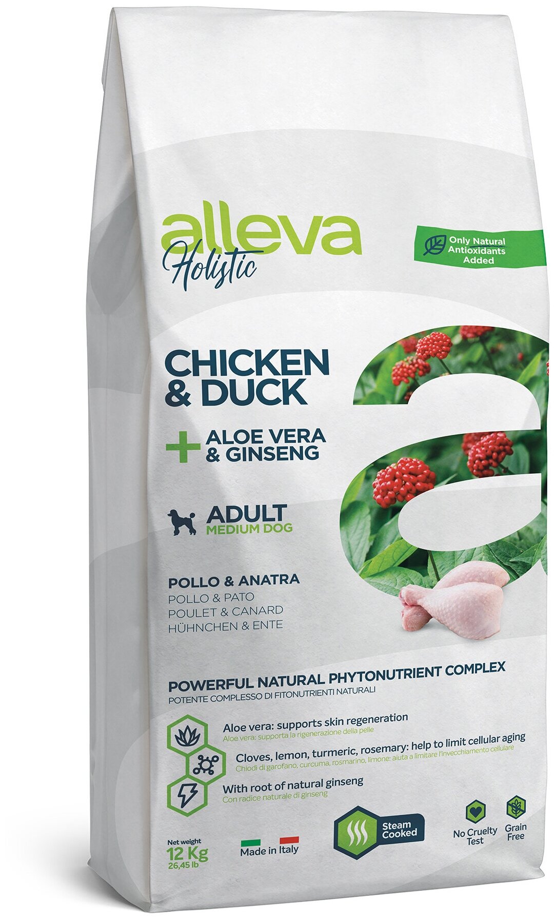 Alleva Holistic Adult Chicken & Duck Medium сухой корм для взрослых собак с курицей и уткой, алое вера и женьшенем - 12 кг