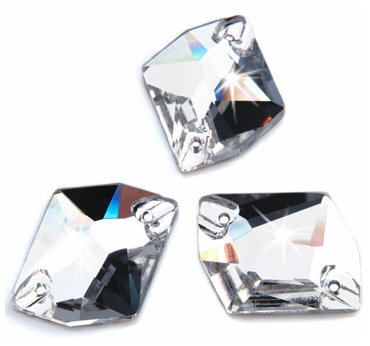 фото Стразы пришивные хрустальные, стеклянные, форма Ромб 16х20 мм, цвет Кристалл ( прозрачный чистый ) 5 штук, с плоской задней поверхностью и 2 отверстиями для пришивания, марка Dongzhou