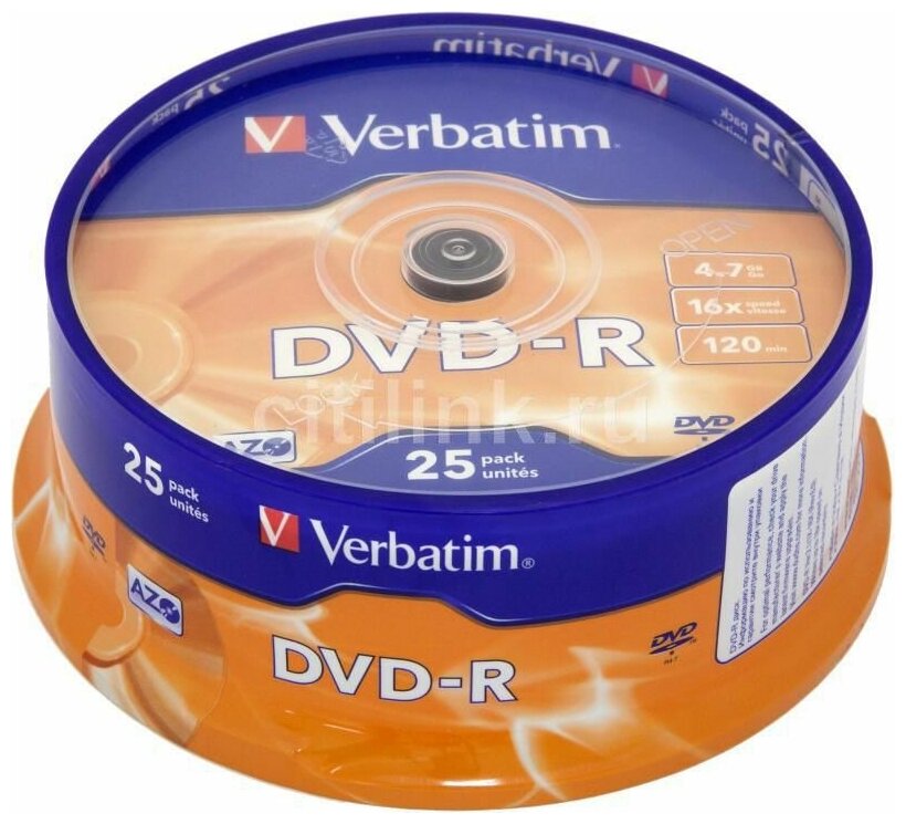 Оптический диск DVD-R VERBATIM 4.7Гб 16x, 25шт, cake box [43522]