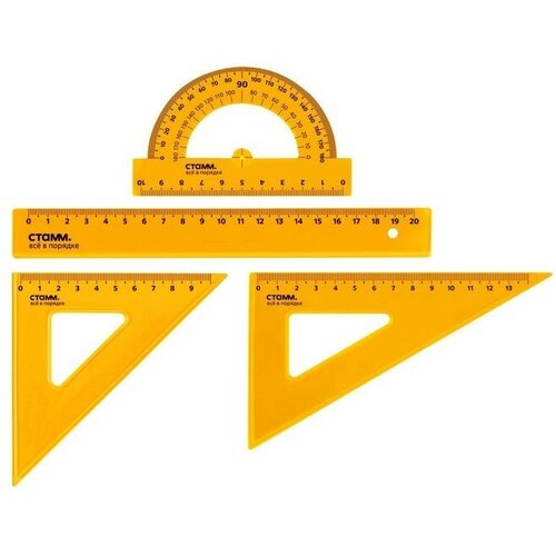 Набор чертежный Стамм средний (линейка 20 см, 2 треугольника, транспортир), прозрачный, неоновые цвета, микс(6 шт.)