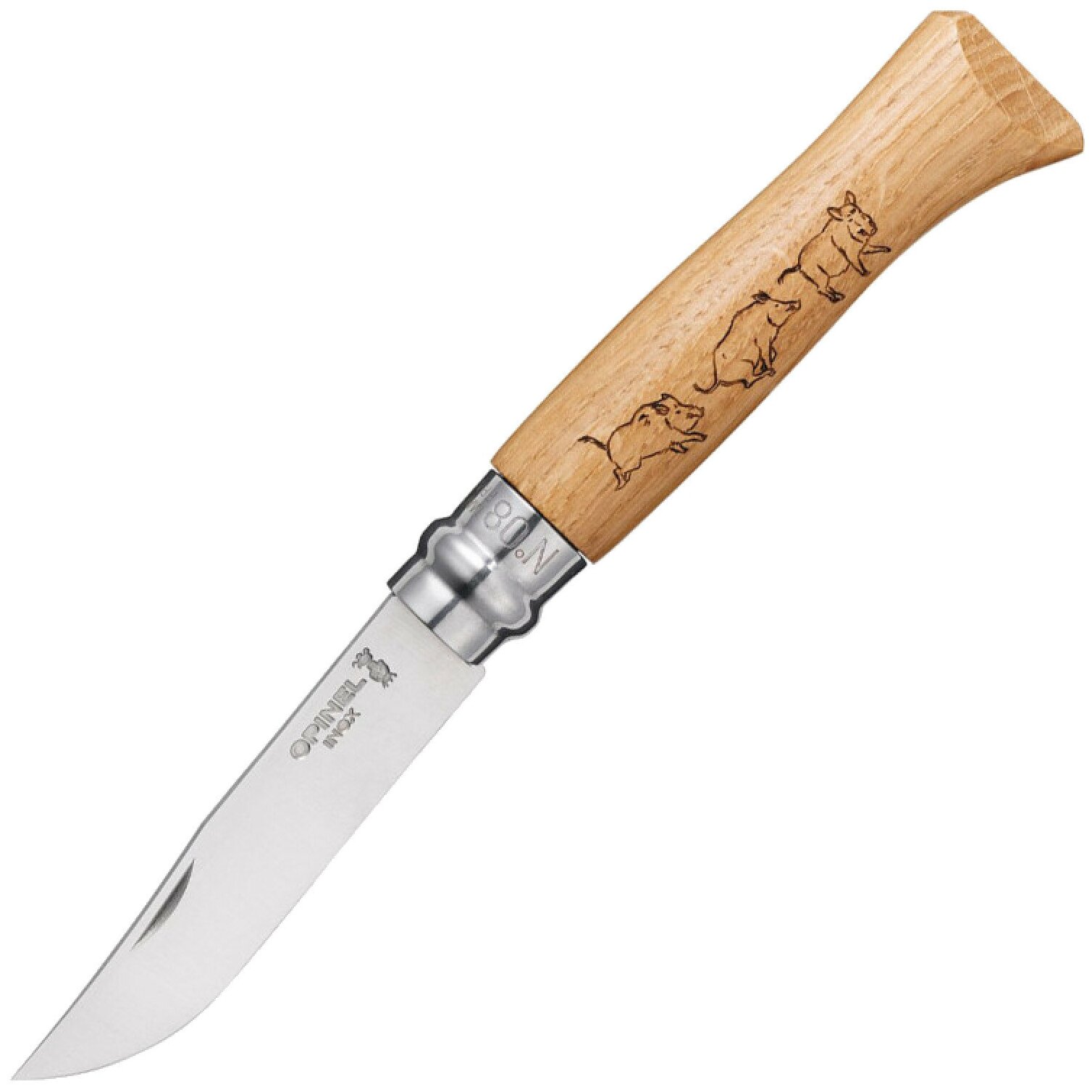 Нож Opinel серии Tradition Animalia №08, клинок 8,5см, нерж.сталь, рукоять-дуб, рис.-кабан