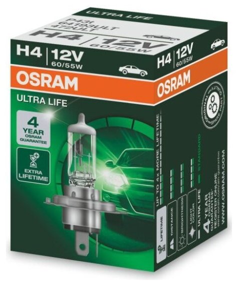 Лампа галогенная Osram H4 60/55W P43t-38 Ultra Life 12V, 64193ULT
