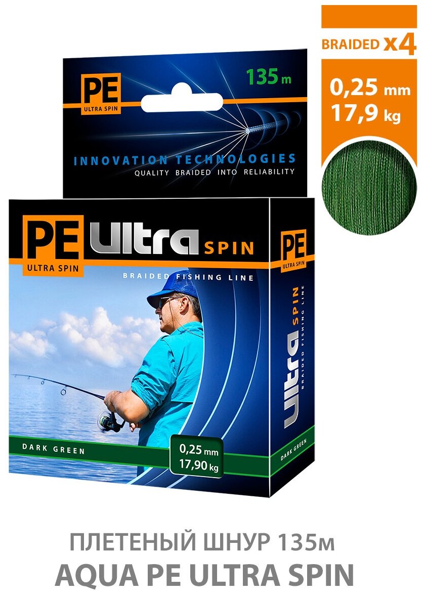 Плетеный шнур для рыбалки AQUA PE ULTRA SPIN Dark Green 0,25mm 135m, цвет - темно-зеленый, test - 17,90kg