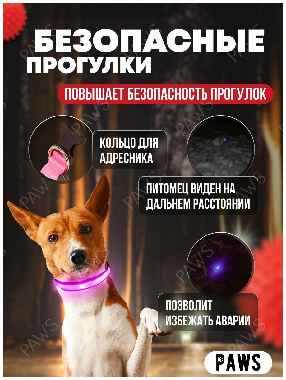 Ошейник светящийся для собак мелких пород, щенков и кошек / розовый S 35-40 см - фотография № 2