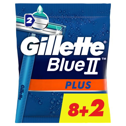 Одноразовый бритвенный станок Gillette Blue2 Plus, с 2 лезвиями, 10, фиксированная головка, синий, 10 шт.