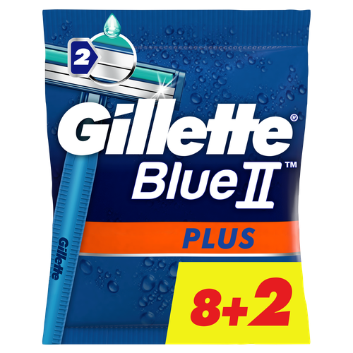 Одноразовый бритвенный станок Gillette Blue2 Plus, с 2 лезвиями, 10, фиксированная головка, синий, 10 шт.