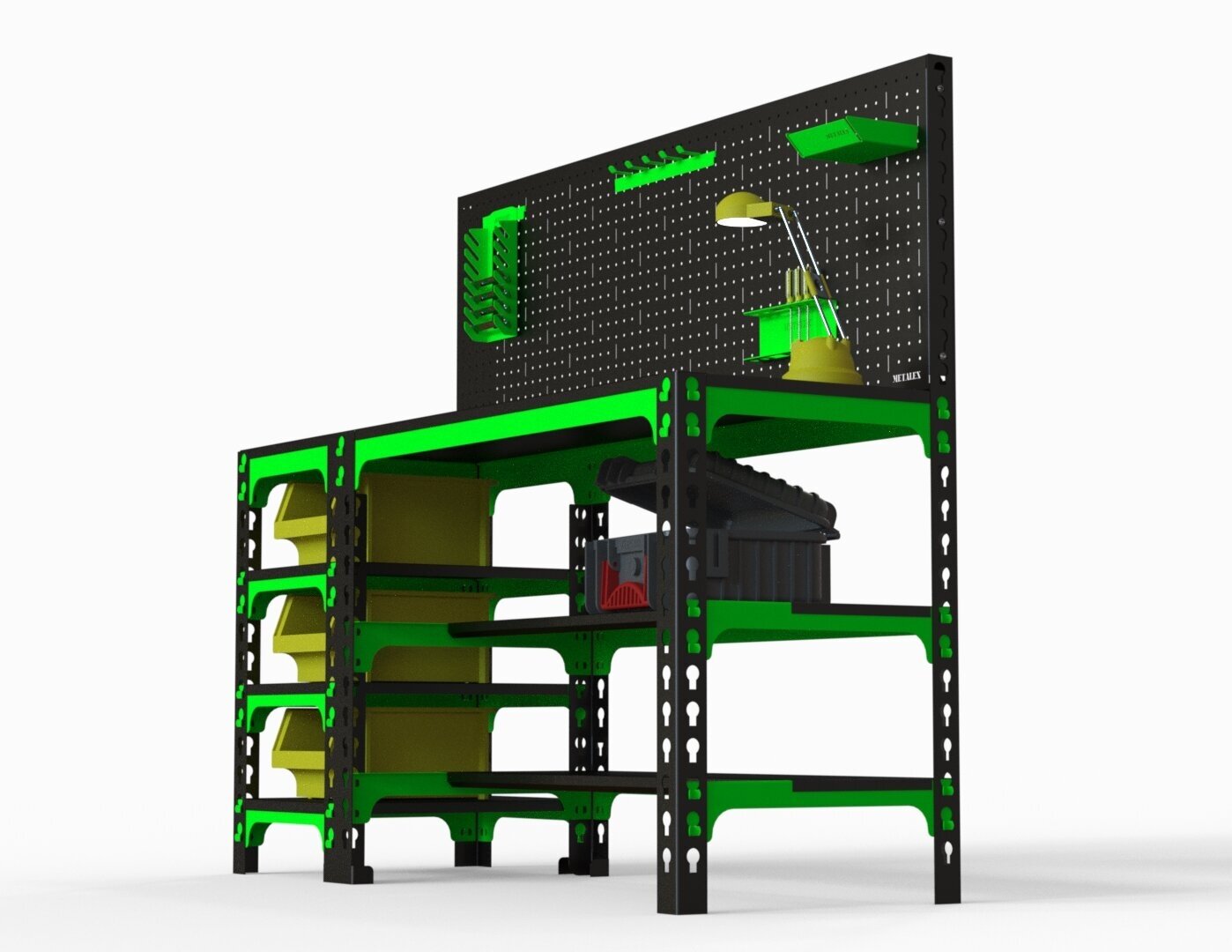 Стол металлический Metalex 750х1400х500 с боковыми полками и перфопанелью