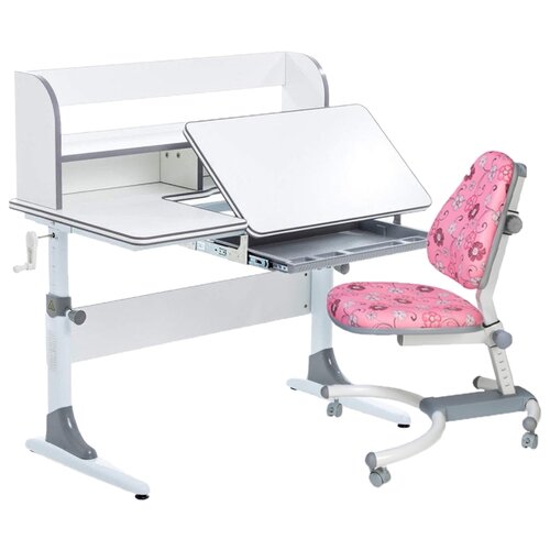 фото Комплект anatomica smart-30 + k639: парта растущая, кресло, органайзер, полка белый/серый с розовым с цветами креслом