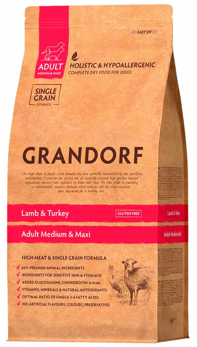 Сухой корм для собак Grandorf гипоаллергенный низкозерновой со вкусом Ягнёнок с индейкой 1 кг