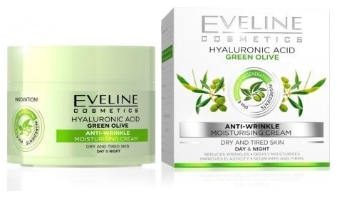 Eveline Cosmetics 6 компонентов Hyaluronic Acid Green olive Увлажняющий крем для лица с экстрактом зеленой Оливы, 50 мл