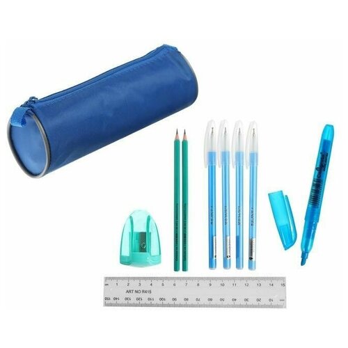 Набор канцелярский 10 предметов (Пенал-тубус 65 х 210 мм, ручки 4 штуки цвет синий , линейка 15 см, точилка, карандаш 2 штуки, текстовыделитель), синий , для девочек и мальчиков