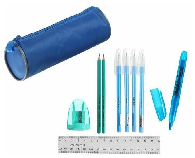 Набор канцелярский 10 предметов (Пенал-тубус 65 х 210 мм, ручки 4 штуки цвет синий , линейка 15 см, точилка, карандаш 2 штуки, текстовыделитель), синий