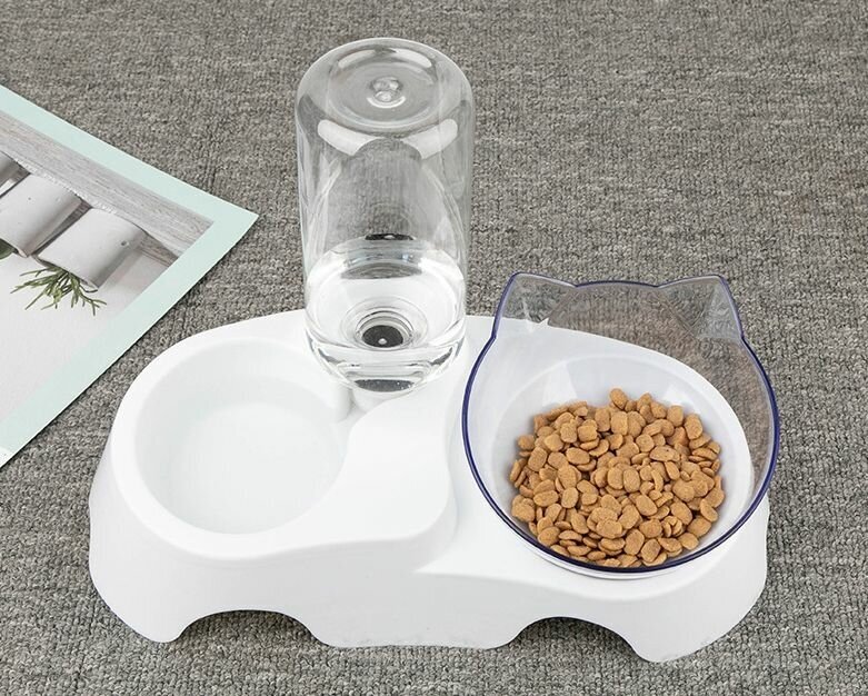 Двойная миска поилка для животных на подставке для воды и корма / Пластиковая миска с чашей под наклоном для кошек и собак/ Автопоилка белая - фотография № 12