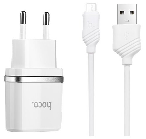 Сетевой адаптер питания Hoco C12 Dual White зарядка 2.4А 2 USB-порта + кабель microUSB, белый