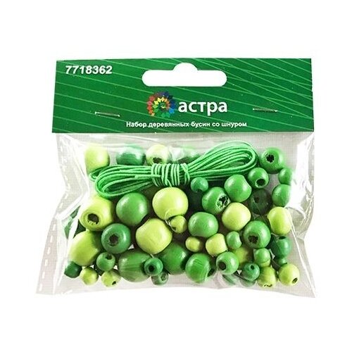 фото Набор деревянных бусин со шнуром, зеленый микс, 6,8,10,12 мм, 90 штук, арт. 160816 astra & craft