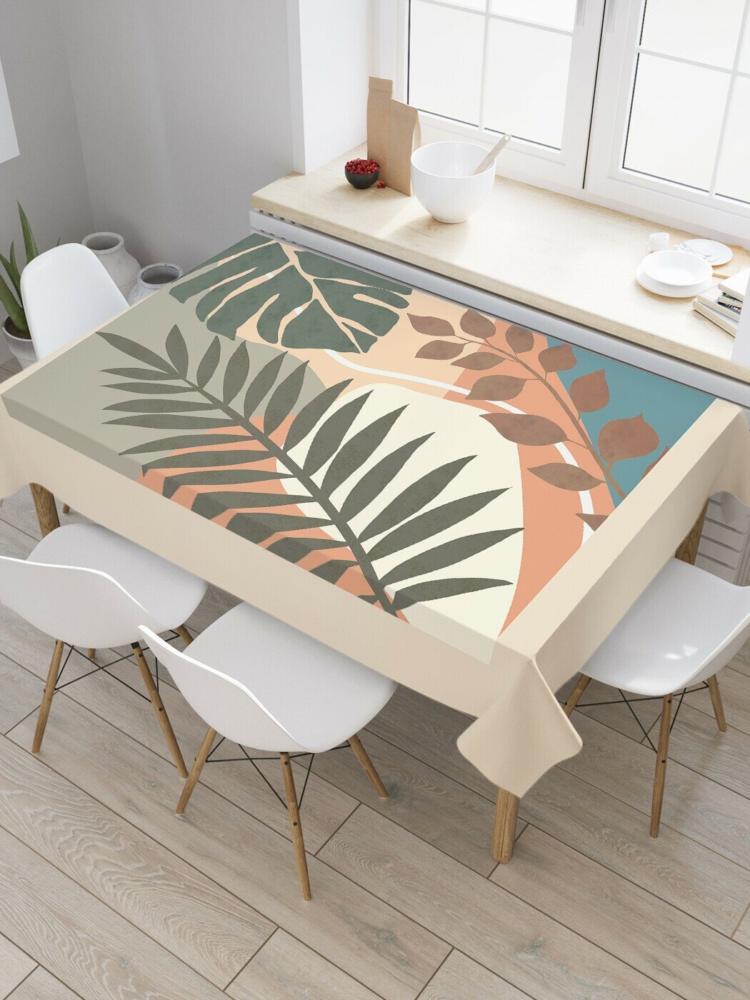 Прямоугольная тканевая скатерть на стол JoyArty с рисунком "Пальмовые листья на бежевом фоне" 120 на 145 см