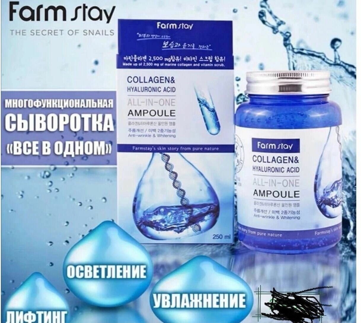 Ампульная Сыворотка для лица FarmStay Collagen & Hyaluronic Acid All-in-one Ampoule