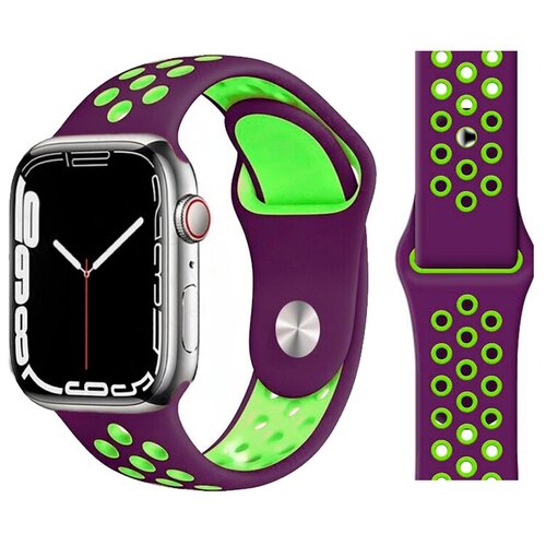 Ремешок силиконовый перфорированный Sport NK для Apple Watch 38/40/41 мм, на кнопке, фиолетовый+зеленый (15)