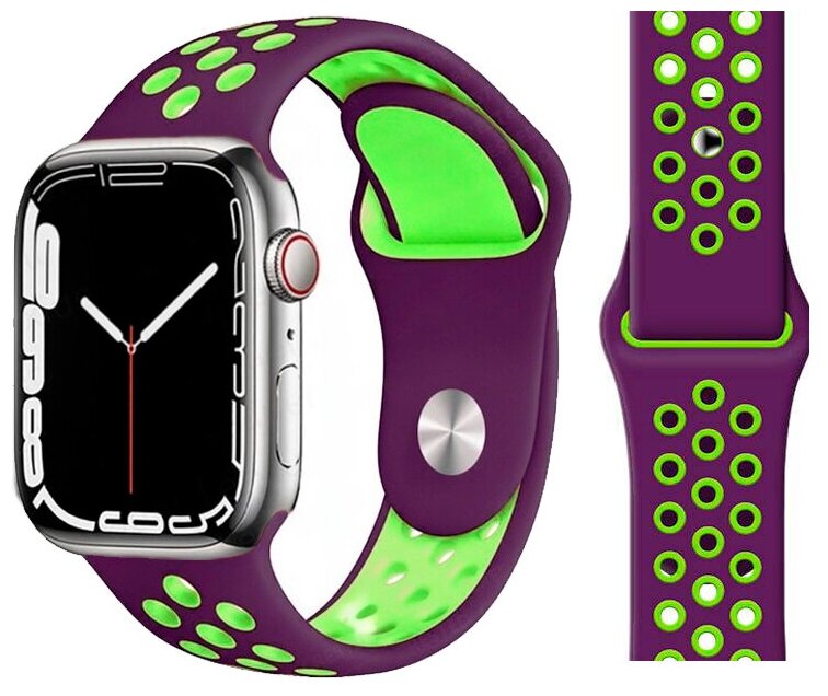 Ремешок силиконовый перфорированный Sport NK для Apple Watch 42/44/45/49 мм, на кнопке, фиолетовый+зеленый (15)