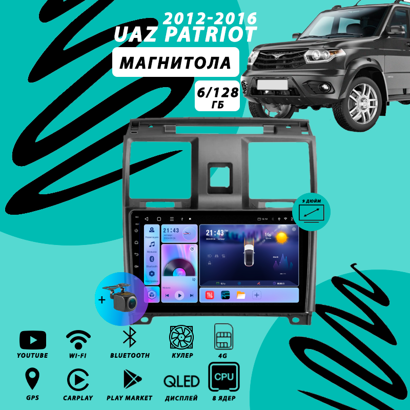 Магнитола UAZ Patriot / УАЗ Патриот (2012-2016) 6Гб+128Гб Sim/Android/Carplay/8 ядер/Wi-Fi/Bluetooth/кулер