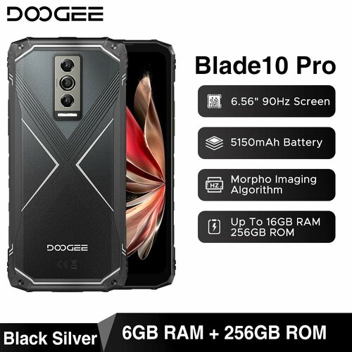 Мировая премьера DOOGEE Blade10 Pro Прочный телефон 656 дюйма 90 Гц IPS-экран 6 ГБ 256 ГБ Восьмиядерный процессор 50 МП AI Основная камера 5150 мАч Android 14 Black silver Global Version 1599000₽
