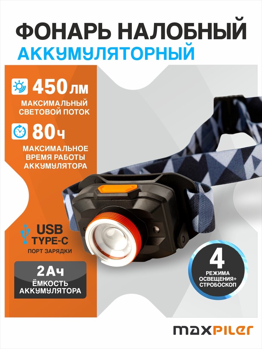 Фонарь налобный аккумуляторный MAXPILER MHF-04