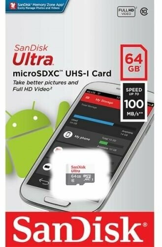 Карта памяти 64GB SanDisk SDSQUNR-064G-GN3MN microSDXC Class 10 Ultra UHS-I 100MB/s