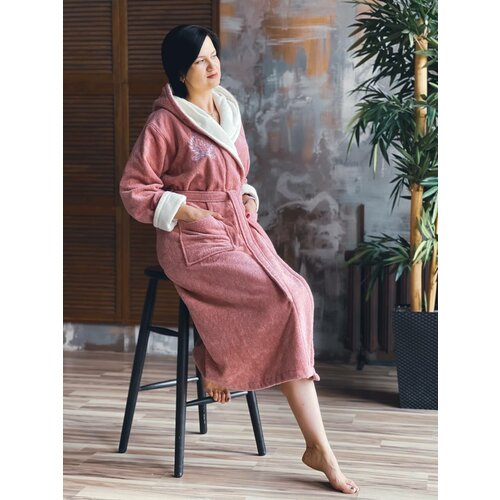 Халат Jan Tex удлиненный, длинный рукав, размер L(46-48), белый, розовый