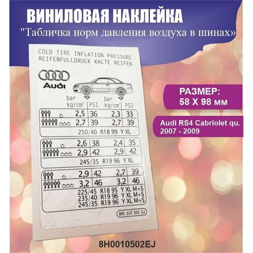 Наклейка Табличка норм давления воздуха в шинах 825₽