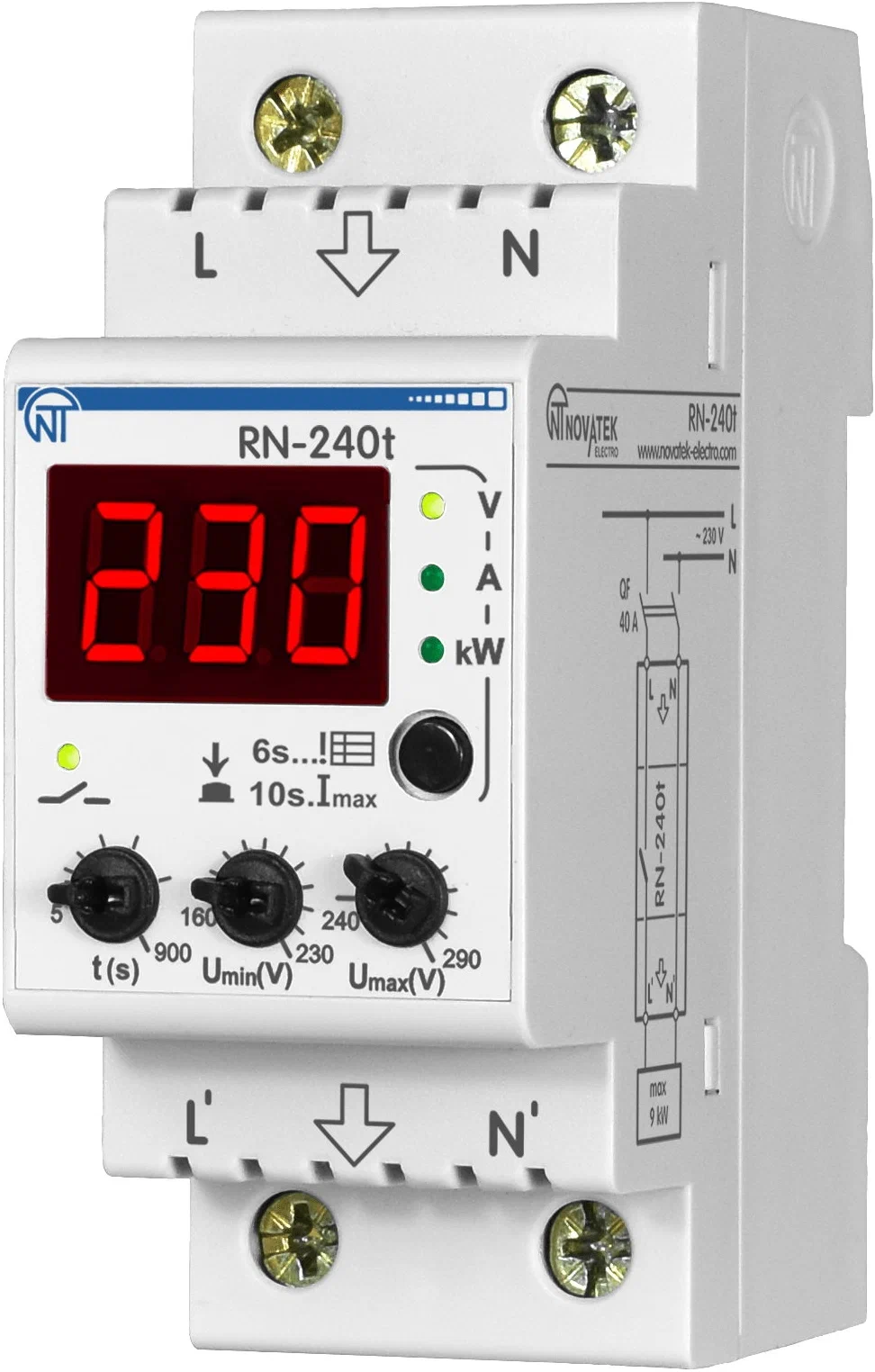 Реле напряжения РН-240Т 40А с термозащитой, ограничение тока, ( 2 DIN)