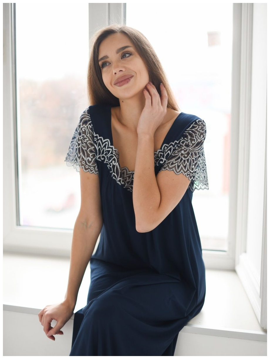Ночная сорочка вискоза Премиум качество, темно-синяя, Велина, размер 52, Текстильный край - фотография № 6
