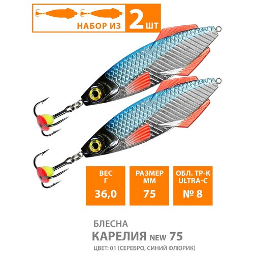 Блесна зимняя для рыбалки AQUA карелия NEW 36,0g, цвет 01 (серебро, синий флюр) (набор 2 шт)