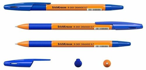 Ручка шариковая неавтоматическая ErichKrause R-301 Orange Stick&Grip синяя толщина линии 0.35 мм, 1442230