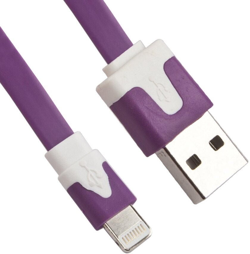 USB кабель для Apple iPhone, iPad, iPod 8 pin плоский узкий сиреневый, коробка LP