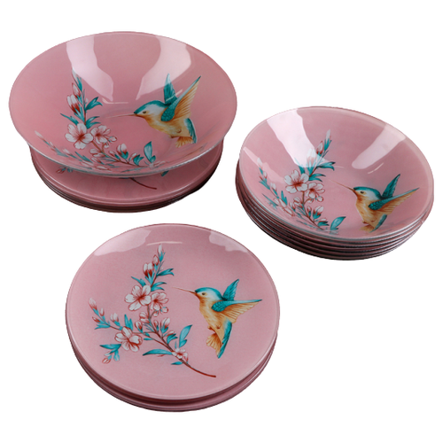 фото Доляна набор тарелок «колибри», 19 предметов: салатник, 6 десертных тарелок, 6 обеденных тарелок, 6 мисок
