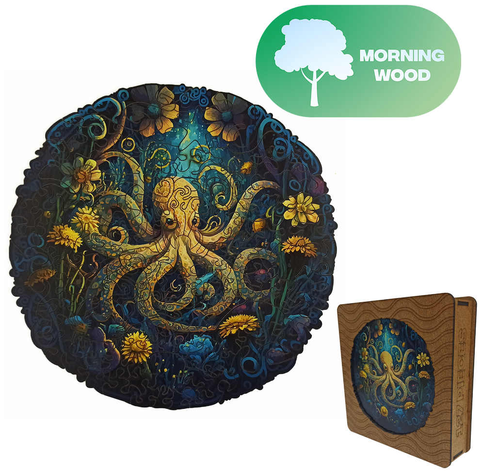 Деревянный пазл Morning wood "Владыка Глубин" / 29х29 см, 127 деталей, фигурный пазл для детей и взрослых, осьминог, подарок