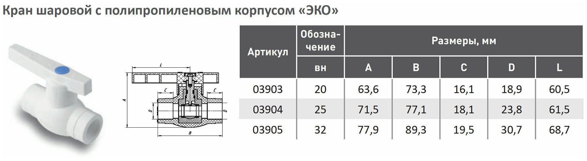 Кран шаровой ЭКО 20мм полипропиленовый