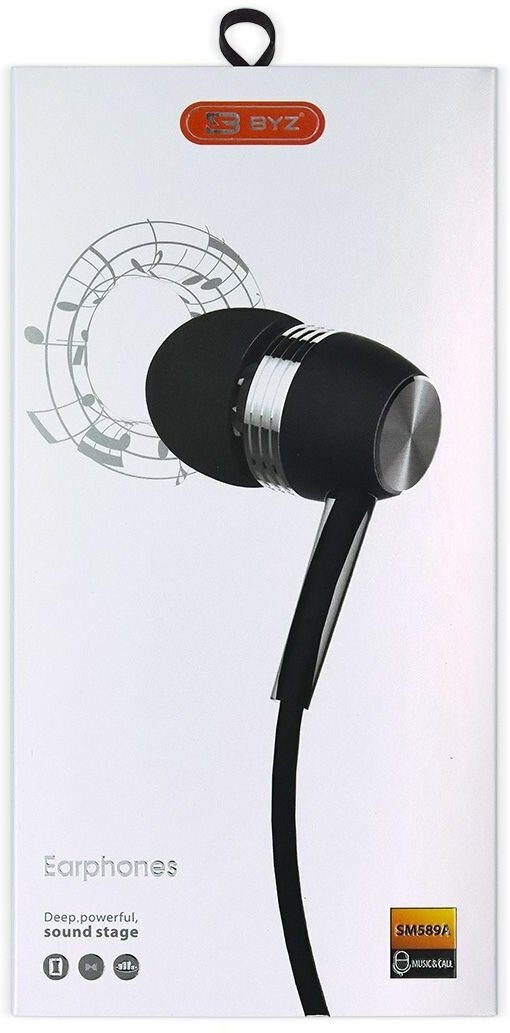 Наушники проводные BYZ SM589A вакуумные с микрофоном, 1,2 метра, черный