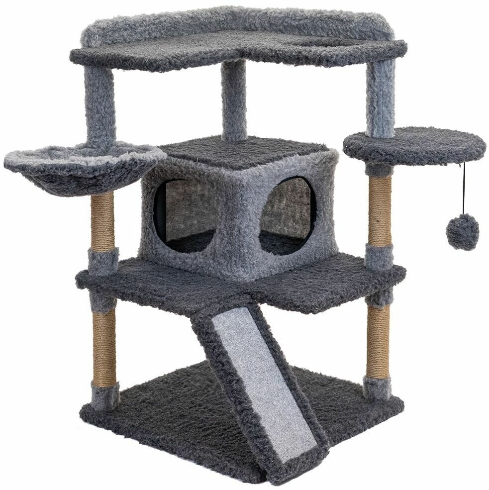 Комплекс-когтеточка для кошек "PetTails" майя разборный, 3х уровневый, с домиком и гамаком, 60*60*h90см (мех, джут) серый
