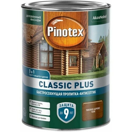 Пропитка Pinotex, Classic Plus, для дерева, антисептик, тиковое дерево, 0.9 л