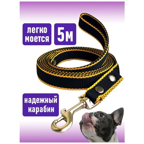 Поводок Petsare 5 м ширина 20 мм черный желтый кант