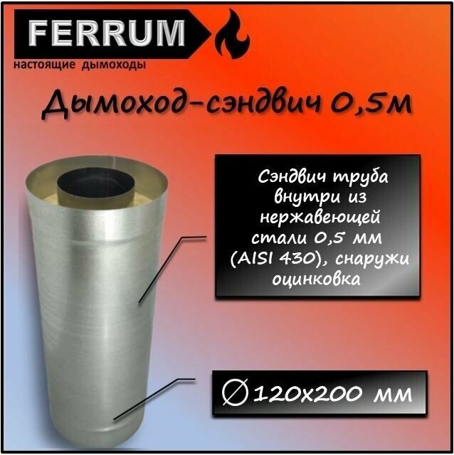 Дымоход-сэндвич 0,5м (430 0,5мм + оцинковка) Ф120х200 Ferrum - фотография № 1