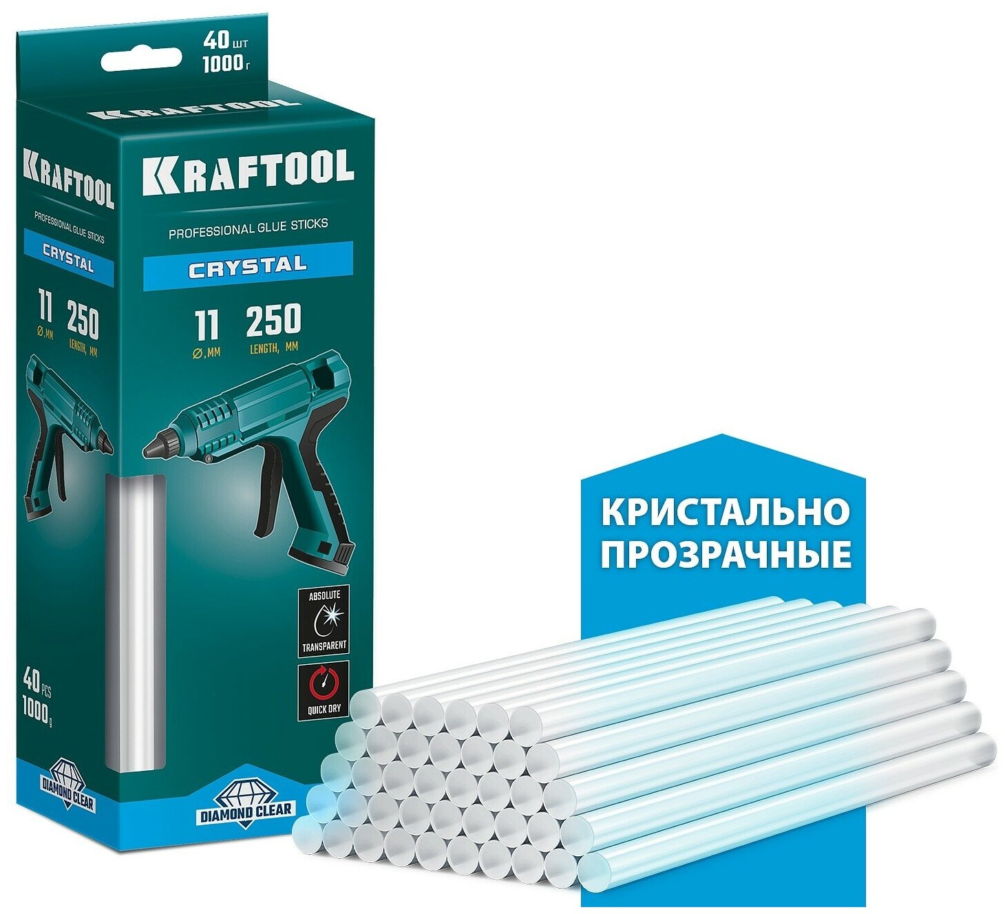 KRAFTOOL Cristal, 11 х 250 мм, 40 шт, кристально прозрачные клеевые стержни (06846-40)