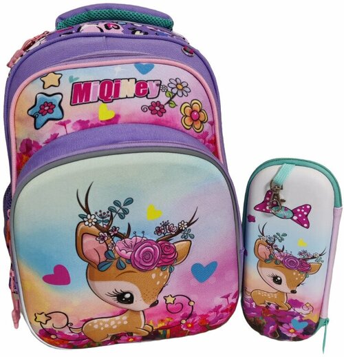Школьный рюкзак для девочки с пеналом, сиреневыйРюкзак с олененком. Школьный портфель для девочки