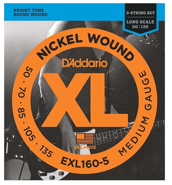 EXL160-5 XL NICKEL WOUND Струны для 5-струнной бас-гитары 5-string Long Medium 50-135 D`Addario