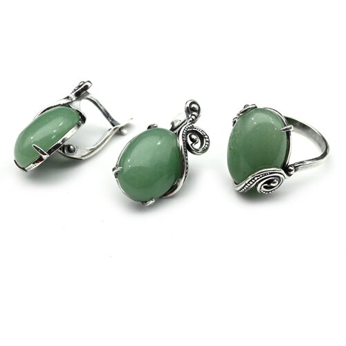 Комплект бижутерии: серьги, колье, нефрит, размер кольца 19, зеленый