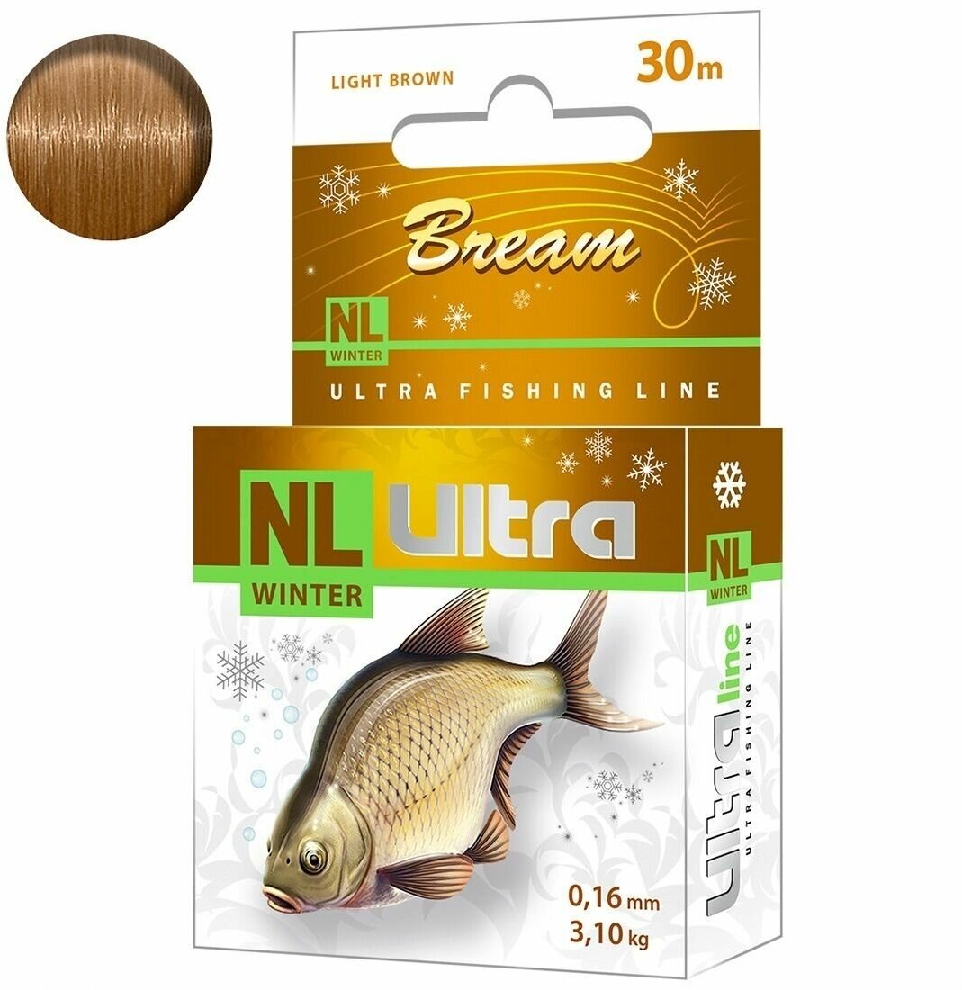 Леска зимняя для рыбалки AQUA NL ULTRA BREAM (Лещ) 30m 0,16mm, цвет - светло-коричневый, test - 3,10kg ( 1 штука )